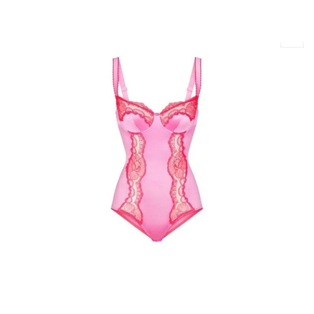 Skims Satin Lace Balconette Bodysuit Neon Orchid
